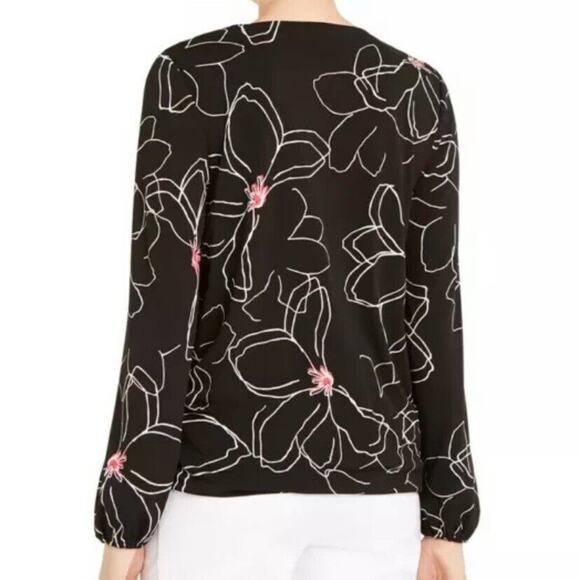 Alfani Womens Blouse Top Faux Wrap Floral Print Long Sleeves Black White Pink L - Picture 5 of 15